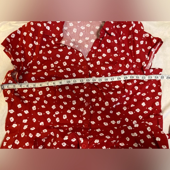Ellos Fit & Flare 1X Button-down Shirt Dress Cap Sleeve Red and White - POCKETS! - Picture 4 of 11